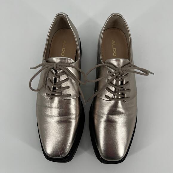 Aldo Severradia Flats Womens 8.5 Silver Metallic Leather Platform Oxford Lace Up - Picture 2 of 11